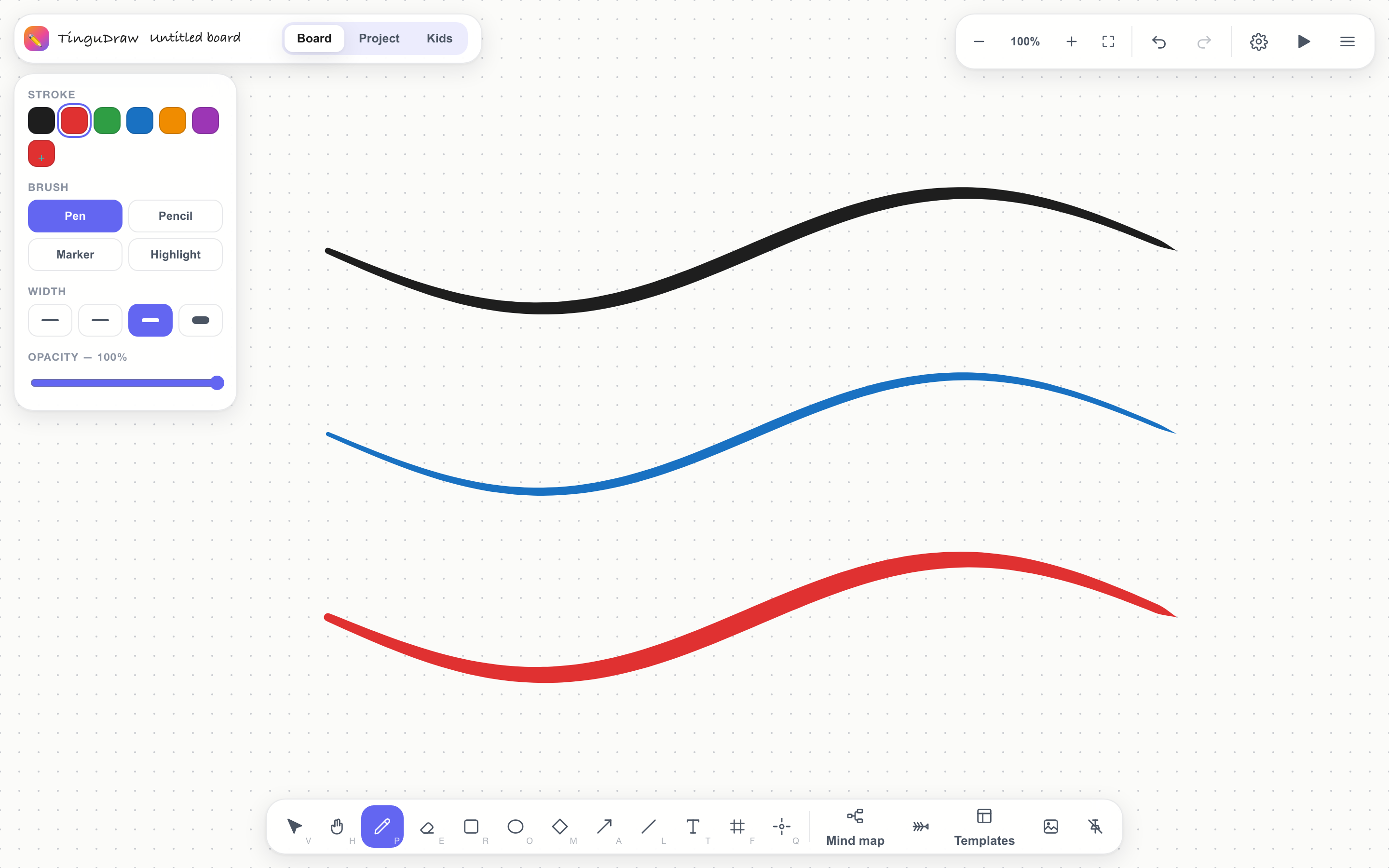 Three pressure-sensitive freehand strokes